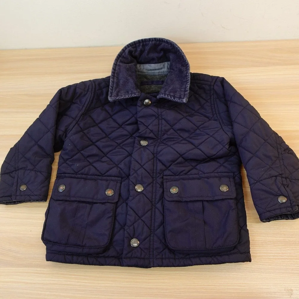 Quilted Barn Jacket Boys 18 24M Navy Blue BABY GAP Corduroy Collar‎ Snap Fleece